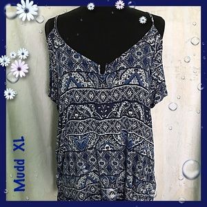 Mudd Blue Print Cold Shoulder Top Size XL